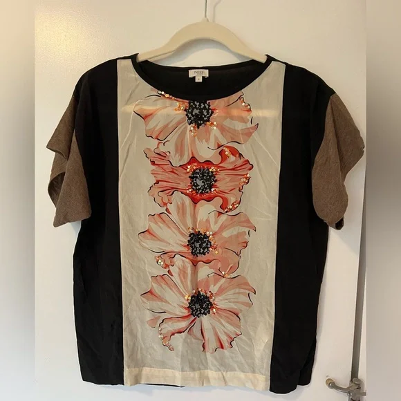Women's Embellished Floral Print Top - Black and Brown - Picture 1 of 6